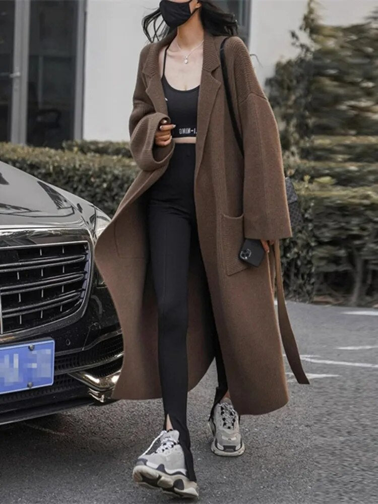 Getadme Women's Sweaters Polo Collar Long Coat 2023 Autumn Winter New In Korean Lazy High-end Gentle Soft Loose Knit Cardigan Coat