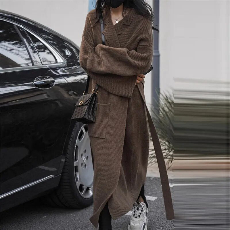 Getadme Women's Sweaters Polo Collar Long Coat 2023 Autumn Winter New In Korean Lazy High-end Gentle Soft Loose Knit Cardigan Coat