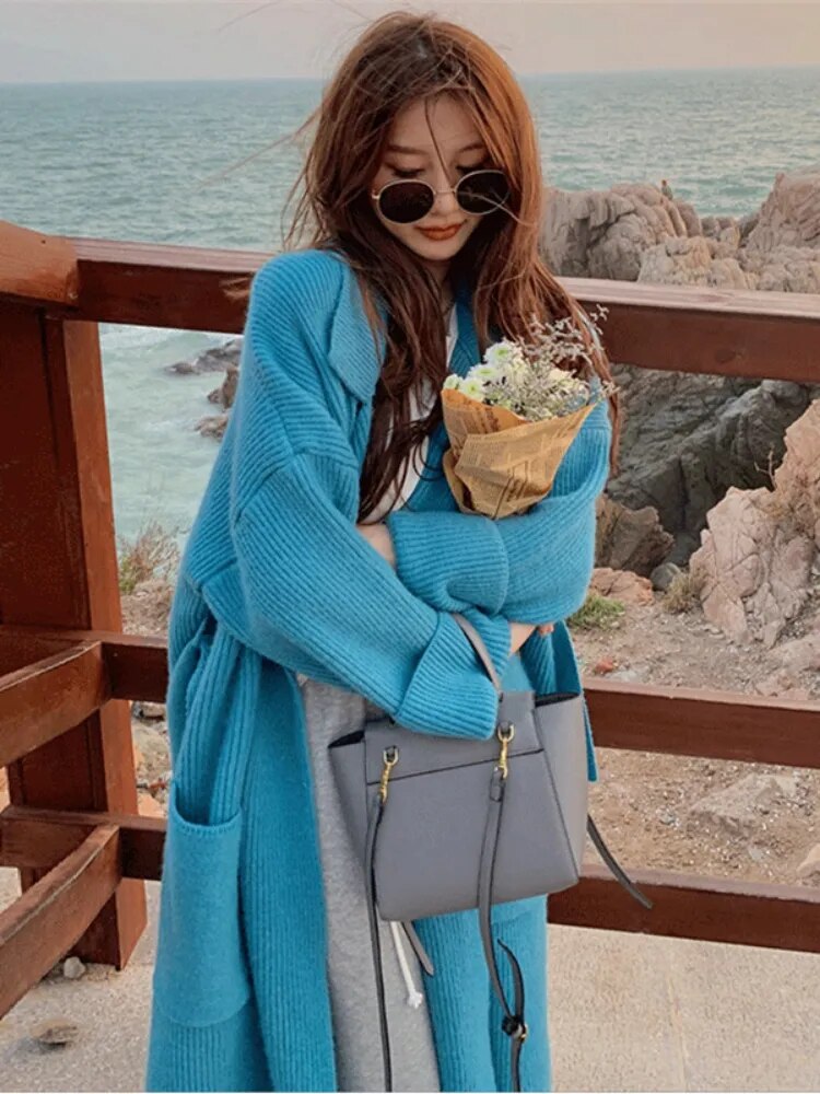 Getadme Women's Sweaters Polo Collar Long Coat 2023 Autumn Winter New In Korean Lazy High-end Gentle Soft Loose Knit Cardigan Coat