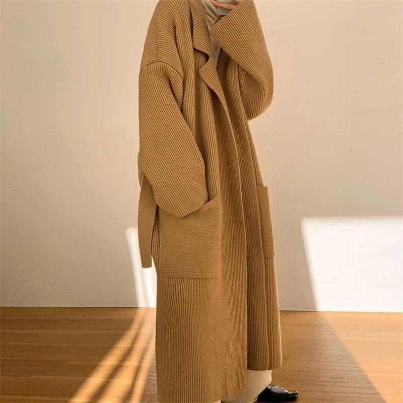Getadme Women's Sweaters Polo Collar Long Coat 2023 Autumn Winter New In Korean Lazy High-end Gentle Soft Loose Knit Cardigan Coat