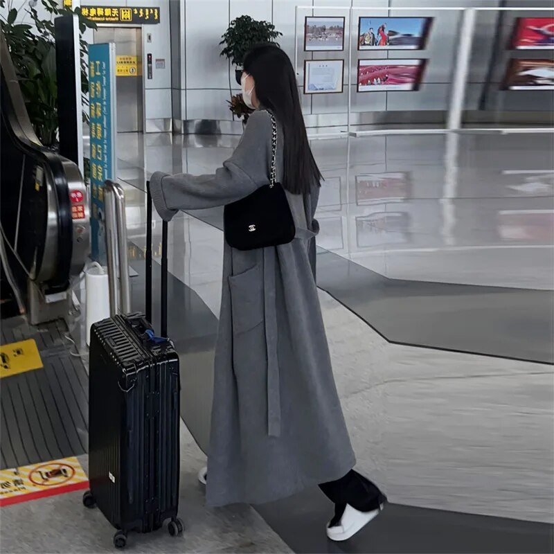 Getadme Women's Sweaters Polo Collar Long Coat 2023 Autumn Winter New In Korean Lazy High-end Gentle Soft Loose Knit Cardigan Coat