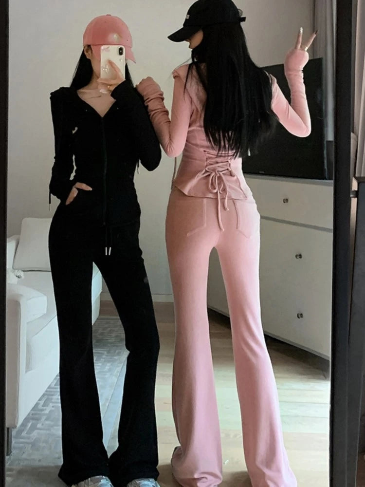 GETADME Y2K High Street Two Piece Set Tracksuit Women Hooded Zipper Jacket + Drawstring Wide Leg Pants Korean Fashion Solid Slim Outfits
