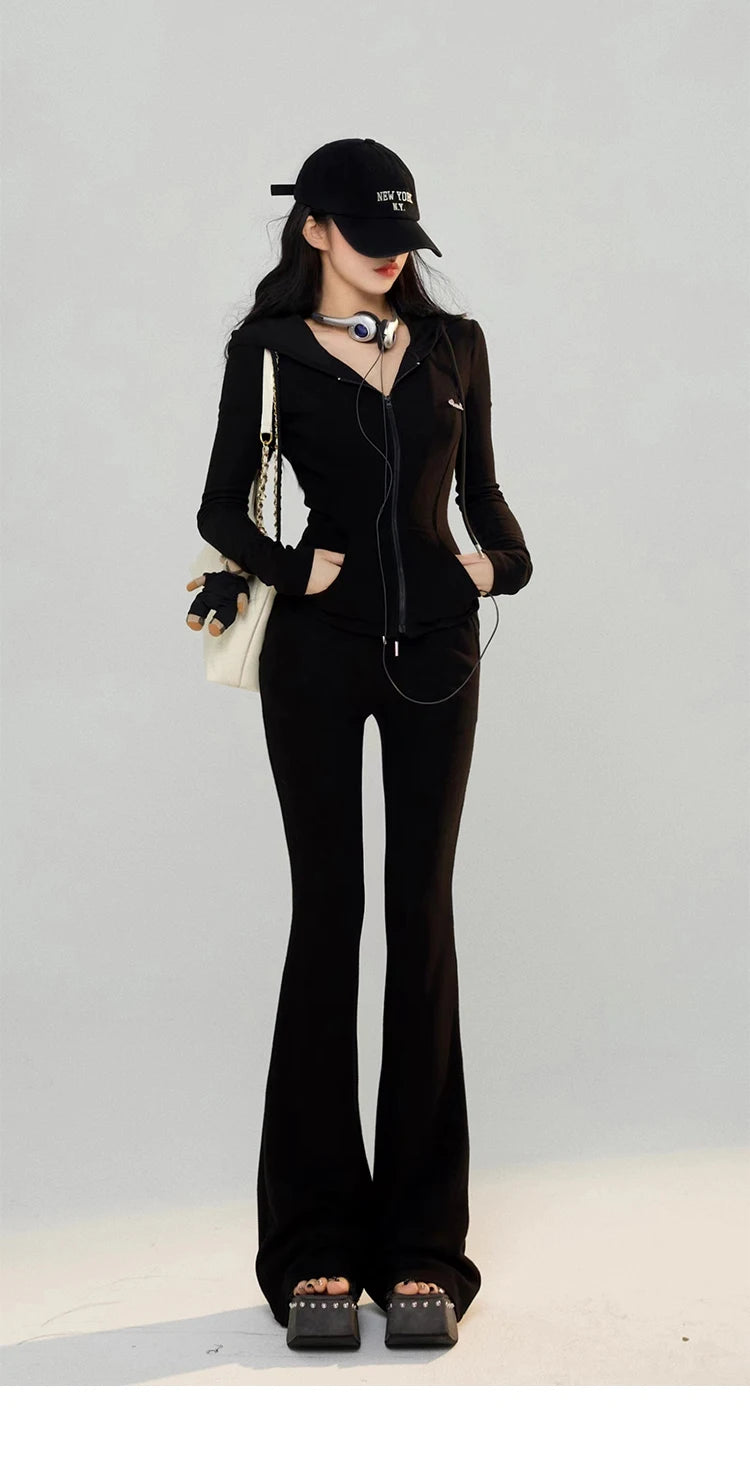 GETADME Y2K High Street Two Piece Set Tracksuit Women Hooded Zipper Jacket + Drawstring Wide Leg Pants Korean Fashion Solid Slim Outfits