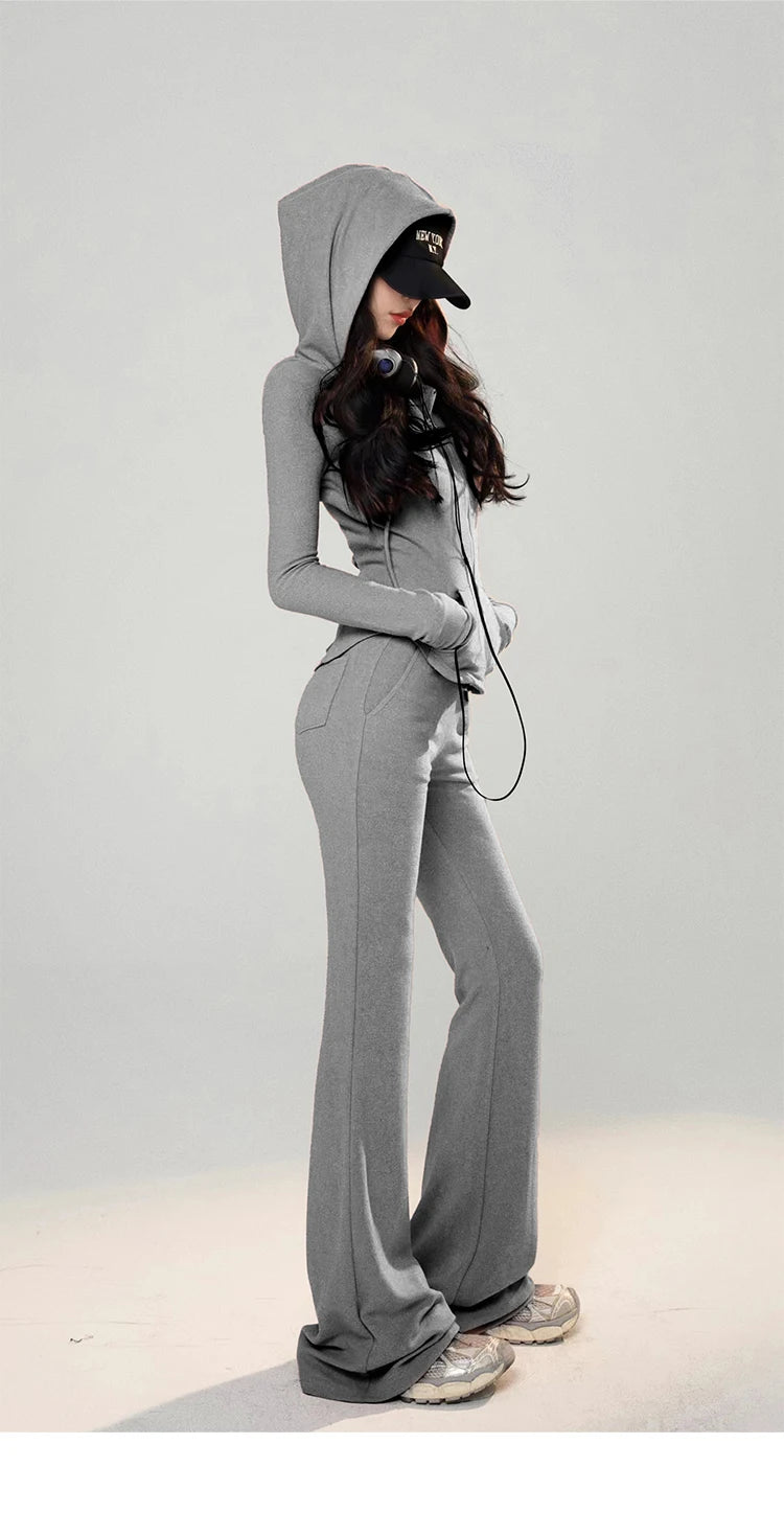 GETADME Y2K High Street Two Piece Set Tracksuit Women Hooded Zipper Jacket + Drawstring Wide Leg Pants Korean Fashion Solid Slim Outfits