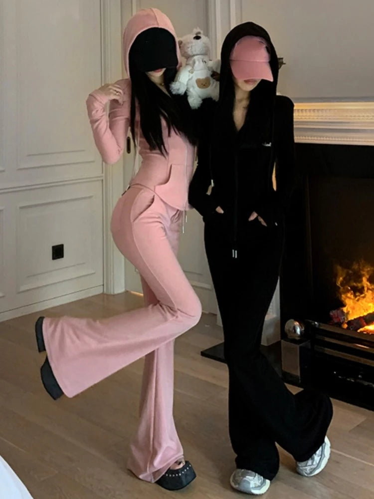 GETADME Y2K High Street Two Piece Set Tracksuit Women Hooded Zipper Jacket + Drawstring Wide Leg Pants Korean Fashion Solid Slim Outfits