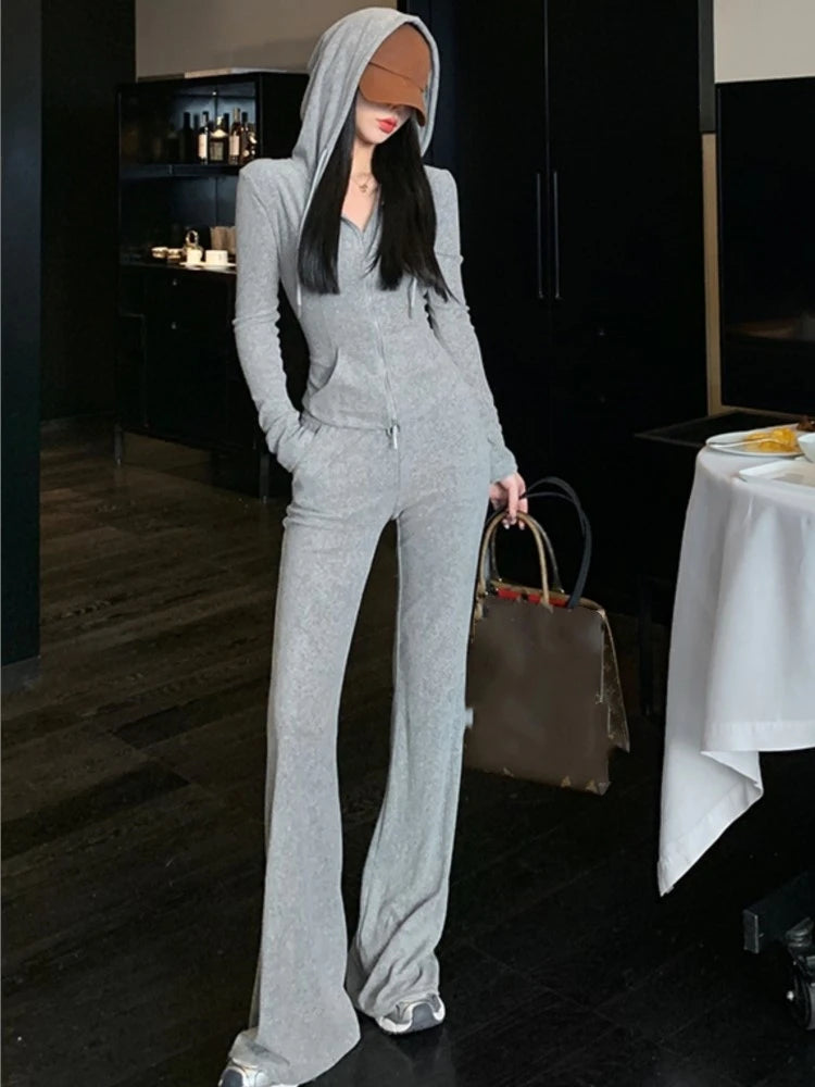 GETADME Y2K High Street Two Piece Set Tracksuit Women Hooded Zipper Jacket + Drawstring Wide Leg Pants Korean Fashion Solid Slim Outfits