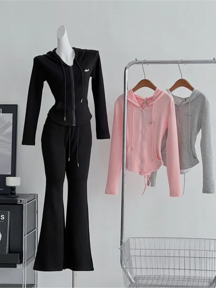 GETADME Y2K High Street Two Piece Set Tracksuit Women Hooded Zipper Jacket + Drawstring Wide Leg Pants Korean Fashion Solid Slim Outfits