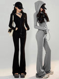 GETADME Y2K High Street Two Piece Set Tracksuit Women Hooded Zipper Jacket + Drawstring Wide Leg Pants Korean Fashion Solid Slim Outfits