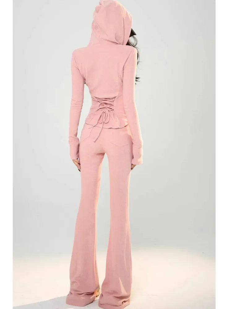 GETADME Y2K High Street Two Piece Set Tracksuit Women Hooded Zipper Jacket + Drawstring Wide Leg Pants Korean Fashion Solid Slim Outfits