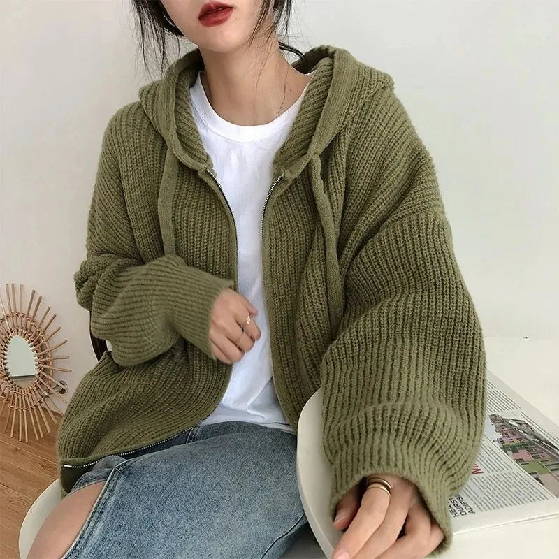 GETADME Zipper Cardigan Sweater Women Knit Fall Winter Long Sleeve Harajuku Y2K Solid Jumper Loose Lazy Warm Vintage Basic Female Hoodie