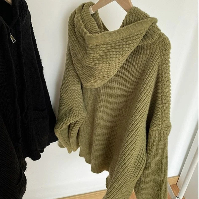 GETADME Zipper Cardigan Sweater Women Knit Fall Winter Long Sleeve Harajuku Y2K Solid Jumper Loose Lazy Warm Vintage Basic Female Hoodie