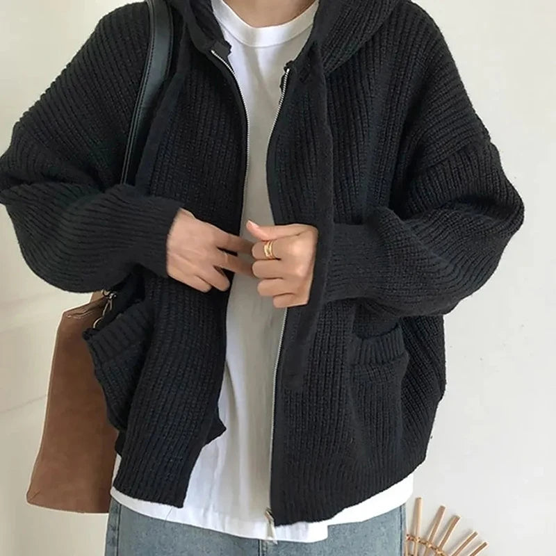 GETADME Zipper Cardigan Sweater Women Knit Fall Winter Long Sleeve Harajuku Y2K Solid Jumper Loose Lazy Warm Vintage Basic Female Hoodie