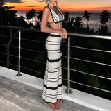 GETADME hirigin Chic Women 2Pcs Knit Skirt Outfits Stripe Print Crop Tank Tops with High Waist Slim Long Skirt Set Beach Holiday Clothes