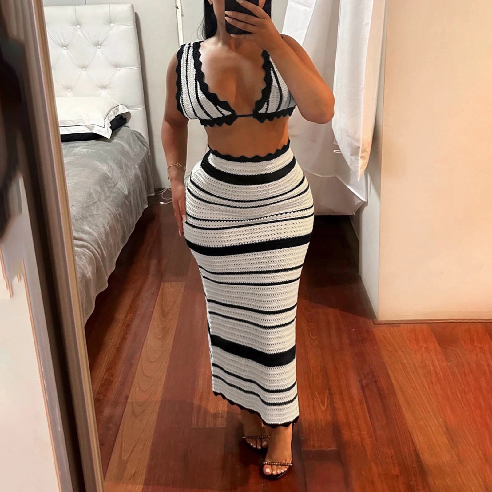 GETADME hirigin Chic Women 2Pcs Knit Skirt Outfits Stripe Print Crop Tank Tops with High Waist Slim Long Skirt Set Beach Holiday Clothes