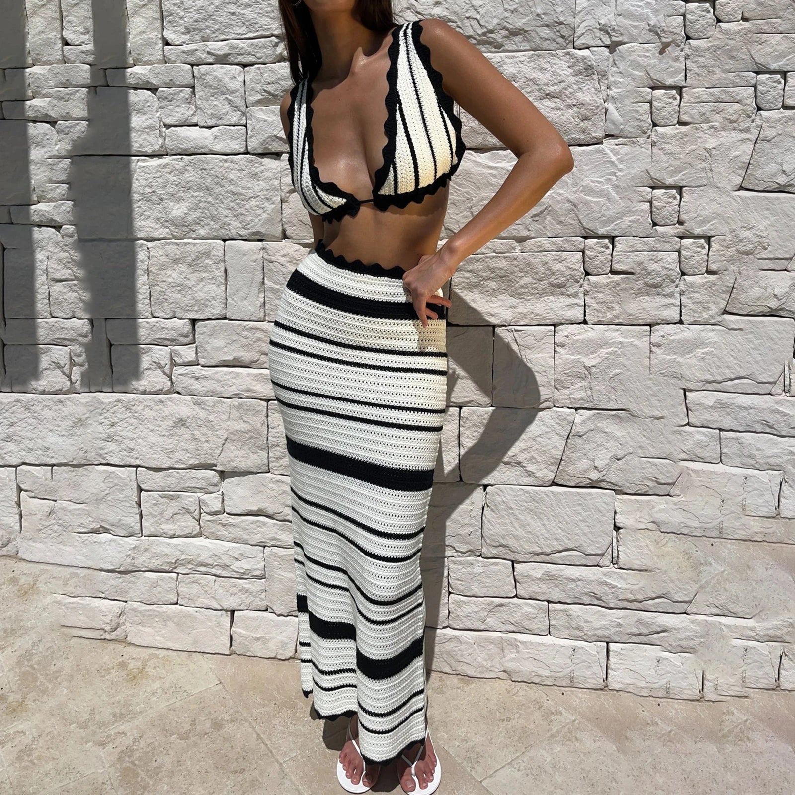 GETADME hirigin Chic Women 2Pcs Knit Skirt Outfits Stripe Print Crop Tank Tops with High Waist Slim Long Skirt Set Beach Holiday Clothes