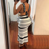GETADME hirigin Chic Women 2Pcs Knit Skirt Outfits Stripe Print Crop Tank Tops with High Waist Slim Long Skirt Set Beach Holiday Clothes