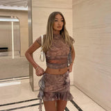 GETADME hirigin Women Y2K Ruffle 2 Piece Skirt Set Flower Mesh Sleeveless Crop Tank Top Ruffle Fringe Mini Skirt Two Piece Outfit Dress