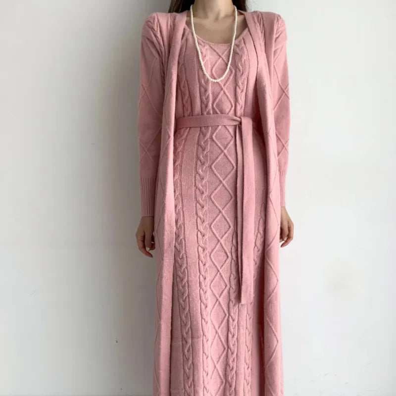 Getadme Elegant Fall Winter Thick Knitted 2 Piece Set Women Twist Long Cardigan Sweater Coat +Sleeveless Long Dress Suit Ensemble Femme