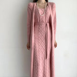 Getadme Elegant Fall Winter Thick Knitted 2 Piece Set Women Twist Long Cardigan Sweater Coat +Sleeveless Long Dress Suit Ensemble Femme