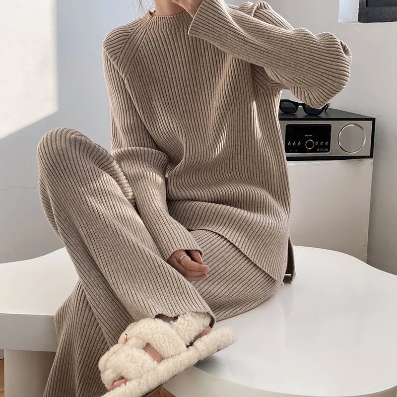 Getadme-Autumn Winter Korean Fashion Casual Tracksuit Women Jumpers Pullover Sweater Tops + Wide Leg Pant Suits Knitted 2 Piece Set