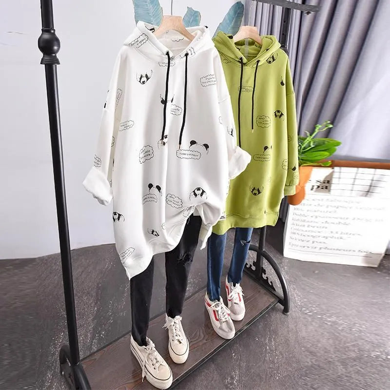 Getadme-New Large Size Plus Velvet Hoodies Women Loose Korean Style Autumn And Winter New Mid-length Thick Coat Women's Hooded Top