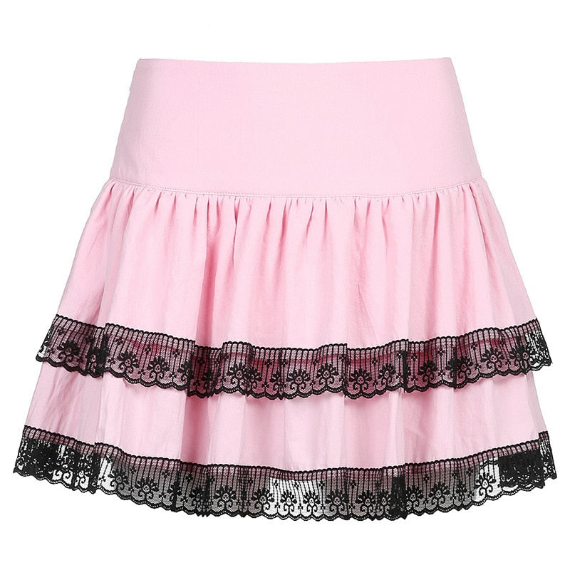 Getadme E-girl Retro Pleated Skirt Lace Up High Waist Plaid Print Mesh Stitching Hem Y2K Aesthetic Gothic Black Pink Mini Skirts Bodycon