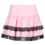 Getadme E-girl Retro Pleated Skirt Lace Up High Waist Plaid Print Mesh Stitching Hem Y2K Aesthetic Gothic Black Pink Mini Skirts Bodycon