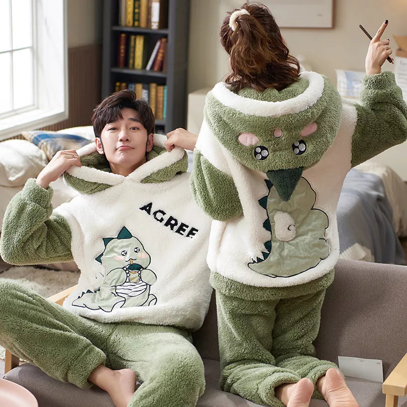 Getadme Couples Pajamas Sets Women Men Winter Thicken Pyjamas Sleepwear Cartoon Dinosaur Korean Lovers Homewear Soft Warm Pijama Hoodies