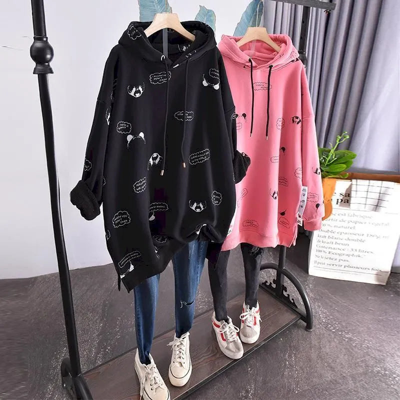 Getadme-New Large Size Plus Velvet Hoodies Women Loose Korean Style Autumn And Winter New Mid-length Thick Coat Women's Hooded Top