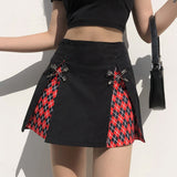 Getadme E-girl Retro Pleated Skirt Lace Up High Waist Plaid Print Mesh Stitching Hem Y2K Aesthetic Gothic Black Pink Mini Skirts Bodycon