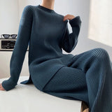 Getadme-Autumn Winter Korean Fashion Casual Tracksuit Women Jumpers Pullover Sweater Tops + Wide Leg Pant Suits Knitted 2 Piece Set