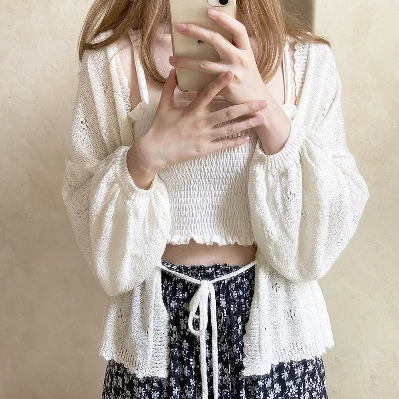 Getadme-Cardigan Women New Spring Loose Lace-up Sweet Girls Batwing Sleeve Vintage Korean Style Knitted Sweaters Sun-protection Female