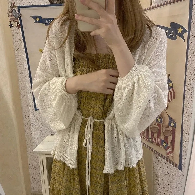 Getadme-Cardigan Women New Spring Loose Lace-up Sweet Girls Batwing Sleeve Vintage Korean Style Knitted Sweaters Sun-protection Female