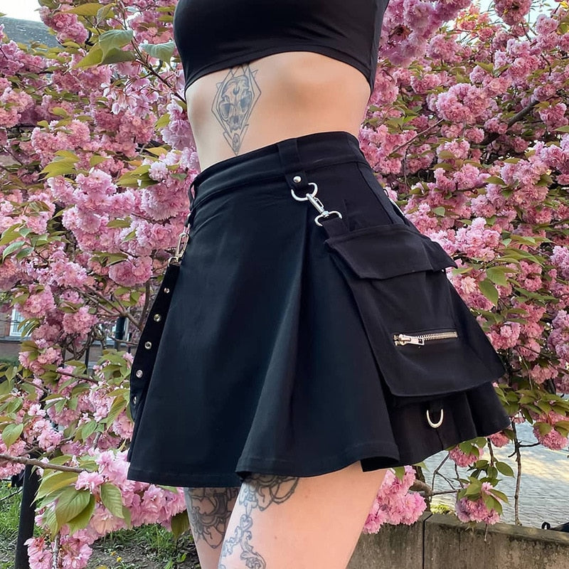 Women Sexy Patchwork Bandage Mini Skirt With Pocket Harajuku Punk Gothic Black High Waist Skirts Y2K Summer Chic Streetwear