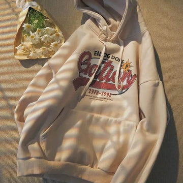 Getadme-Fall/Winter New Loose Hoodies Women's Plus Velvet College Style Printed Jacket Korean Male Student Off White Ins Trend Coat