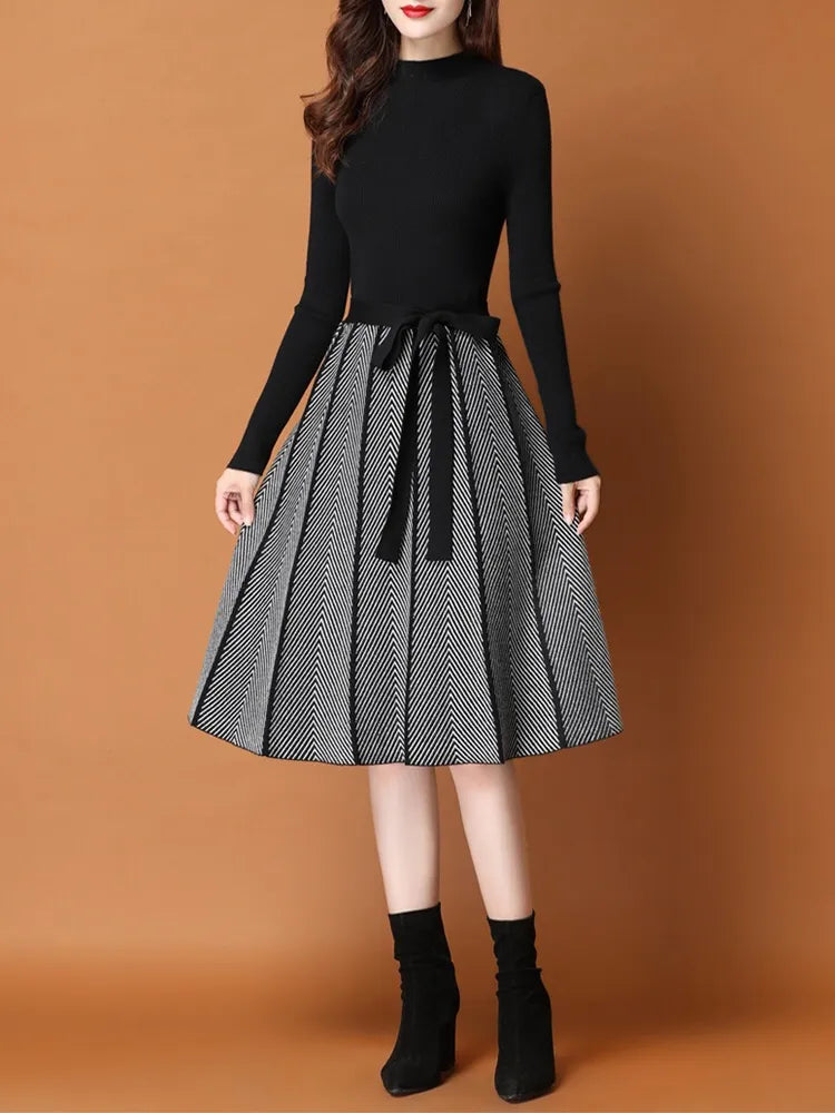 SMTHMA Vintage Elegant Knitted Sweater Pleated Dresses New Winter Women Long Sleeve Office Lady Casual Midi Vestido Da Festa