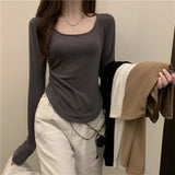 Getadme Women Long Sleeve Square Neck T-Shirt Spring And Autumn New Irregular Hem Slim Casual Top Girl Bottom Shirts