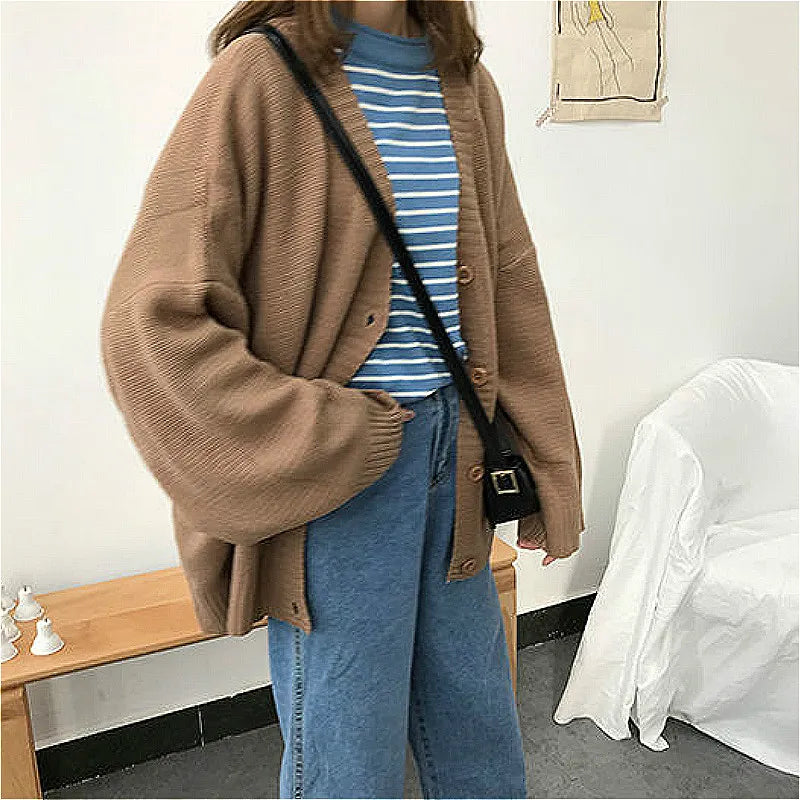 Sweaters Women Knitting Cardigans Casual Spring 2020 V-Neck Long Sleeve Daily Solid Mujer Clothes Single Breasted Brown College