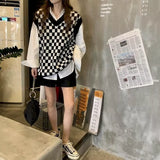 Getadme-Spring Autumn V-neck Sleeveless Sweater For Women Vest Vintage Tops Harajuku Japanese Fashion 90s Clothes Oversize Plaid