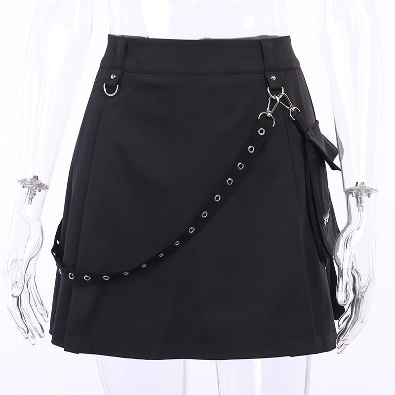 Women Sexy Patchwork Bandage Mini Skirt With Pocket Harajuku Punk Gothic Black High Waist Skirts Y2K Summer Chic Streetwear