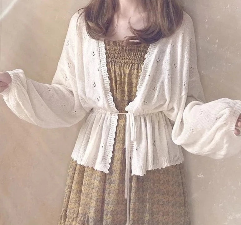 Getadme-Cardigan Women New Spring Loose Lace-up Sweet Girls Batwing Sleeve Vintage Korean Style Knitted Sweaters Sun-protection Female