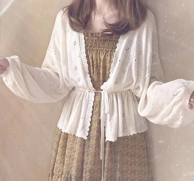 Getadme-Cardigan Women New Spring Loose Lace-up Sweet Girls Batwing Sleeve Vintage Korean Style Knitted Sweaters Sun-protection Female