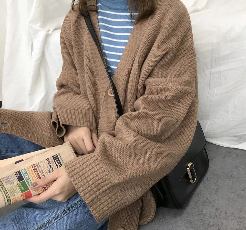 Sweaters Women Knitting Cardigans Casual Spring 2020 V-Neck Long Sleeve Daily Solid Mujer Clothes Single Breasted Brown College