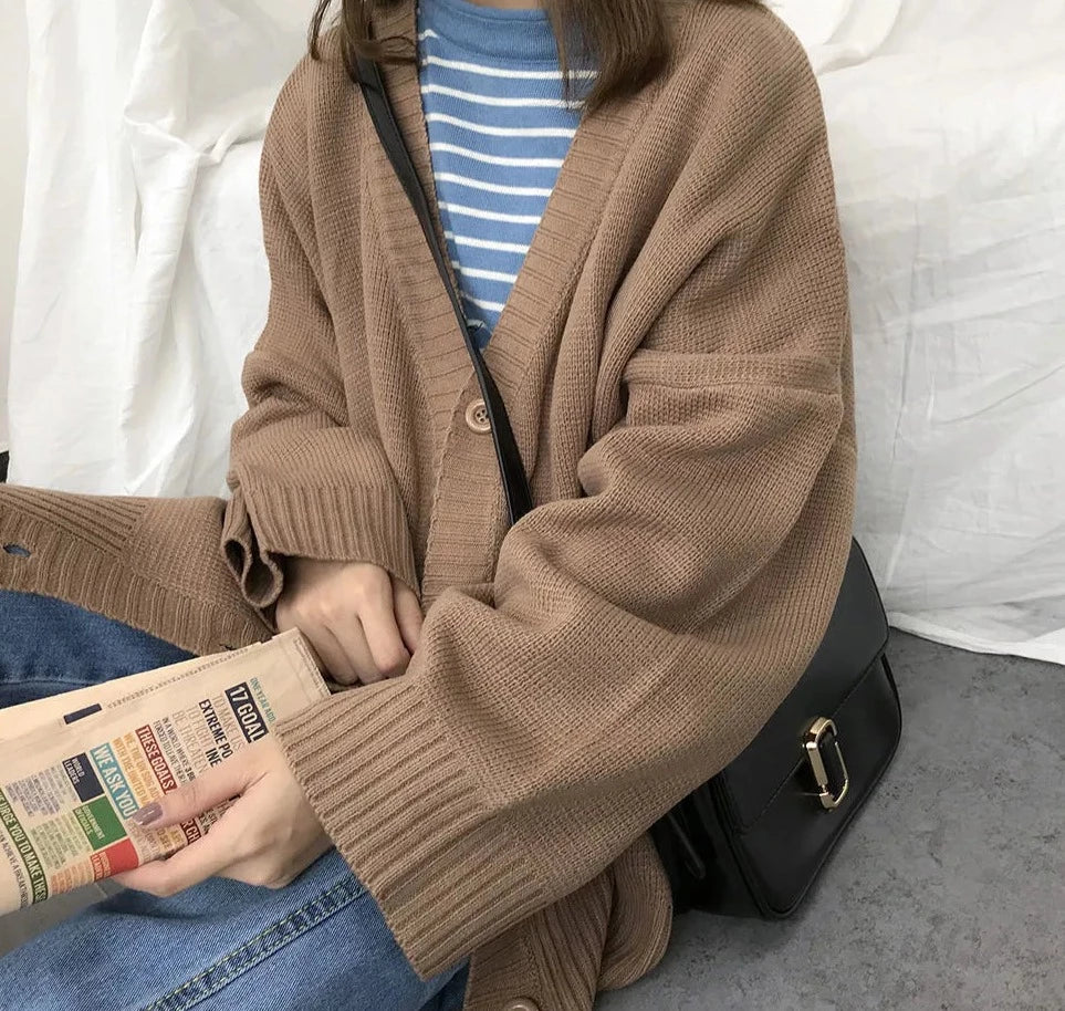 Sweaters Women Knitting Cardigans Casual Spring 2020 V-Neck Long Sleeve Daily Solid Mujer Clothes Single Breasted Brown College