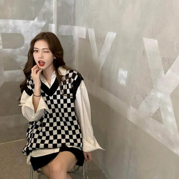 Getadme-Spring Autumn V-neck Sleeveless Sweater For Women Vest Vintage Tops Harajuku Japanese Fashion 90s Clothes Oversize Plaid