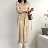 Getadme Elegant Fall Winter Thick Knitted 2 Piece Set Women Twist Long Cardigan Sweater Coat +Sleeveless Long Dress Suit Ensemble Femme