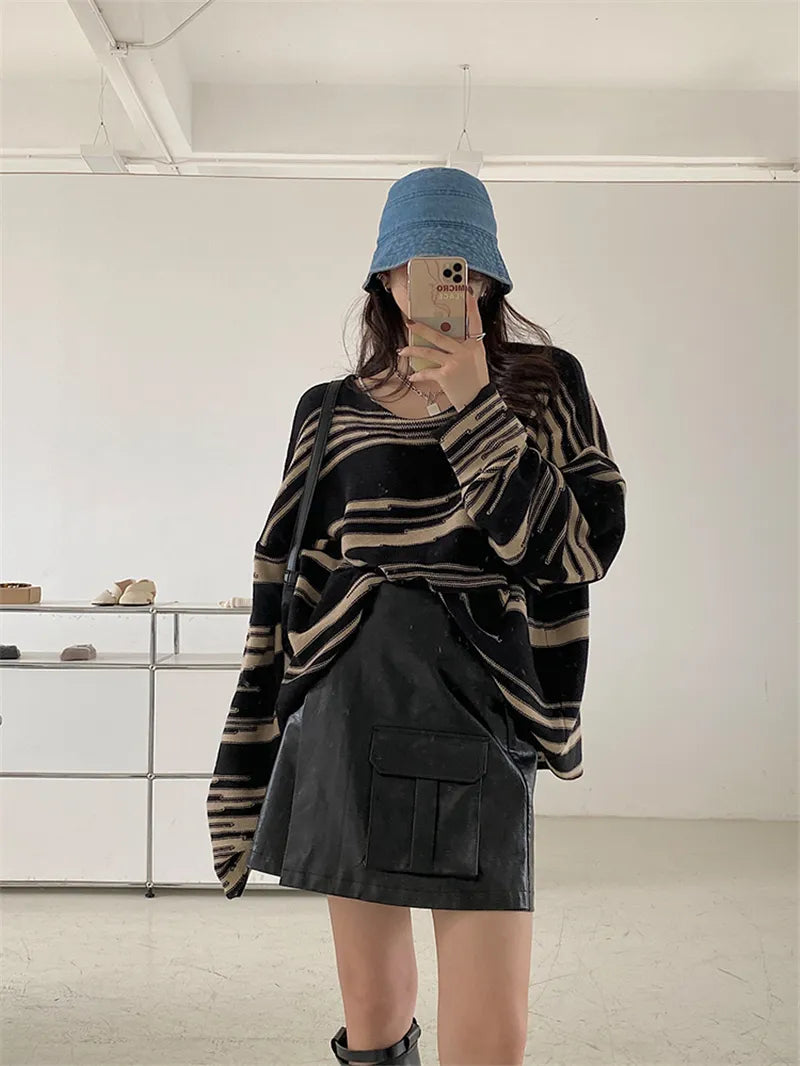 NEW Women Punk Gothic Striped Long Sleeve Loose Patchwork Sweater Hip Hop Retro Oversize Pullover Casual Knitted Jumpers