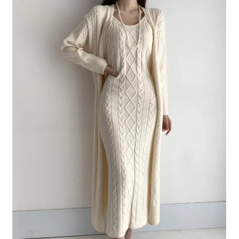 Getadme Elegant Fall Winter Thick Knitted 2 Piece Set Women Twist Long Cardigan Sweater Coat +Sleeveless Long Dress Suit Ensemble Femme