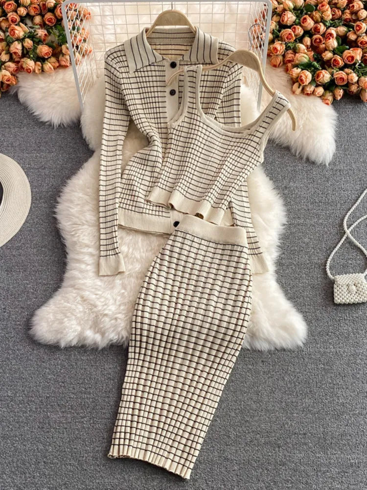 Getadme-Autumn Korean Fashion Chic Knitted 3pcs Sets Long Sleeve Cardigan Sweater + Camisole + Skirts Sets Casual Tops Vest Skirt Suits