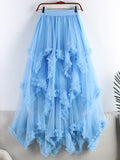 Getadme  Long Pleated Tulle Skirt Women Summer Korean Irregular 3 Layers Mesh Laciness A Line High Waist Maxi Skirt Female